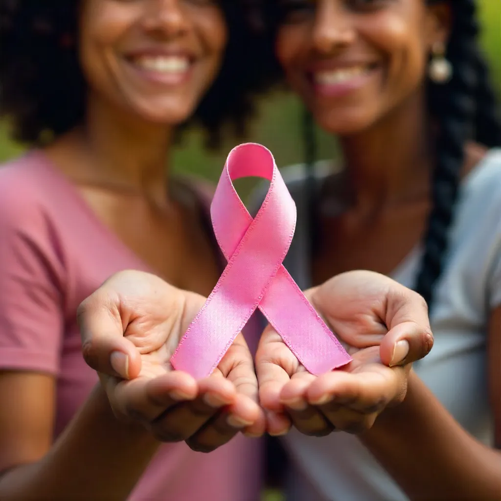 Close-Up: Two Women with Pink Ribbons in Solidarity