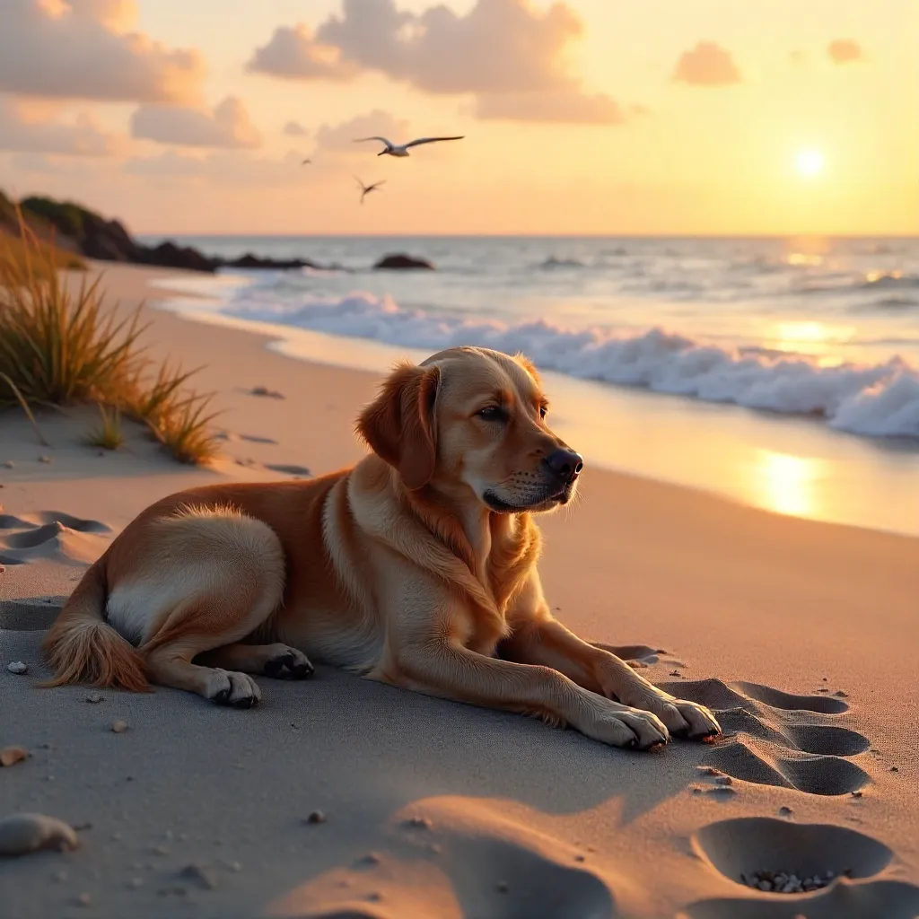 Golden Retriever at Sunset Beach: Serene Waves