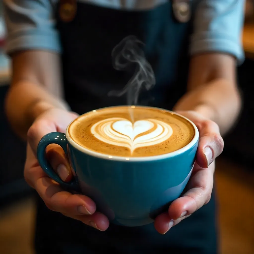 Heart Latte Art in a Blue Ceramic Cup