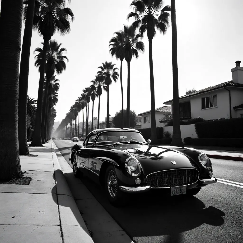 Monochrome Beverly Hills Palm-Lined Luxury Car