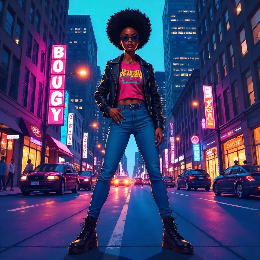 Confident Black Woman in Neon Downtown — Anime Style