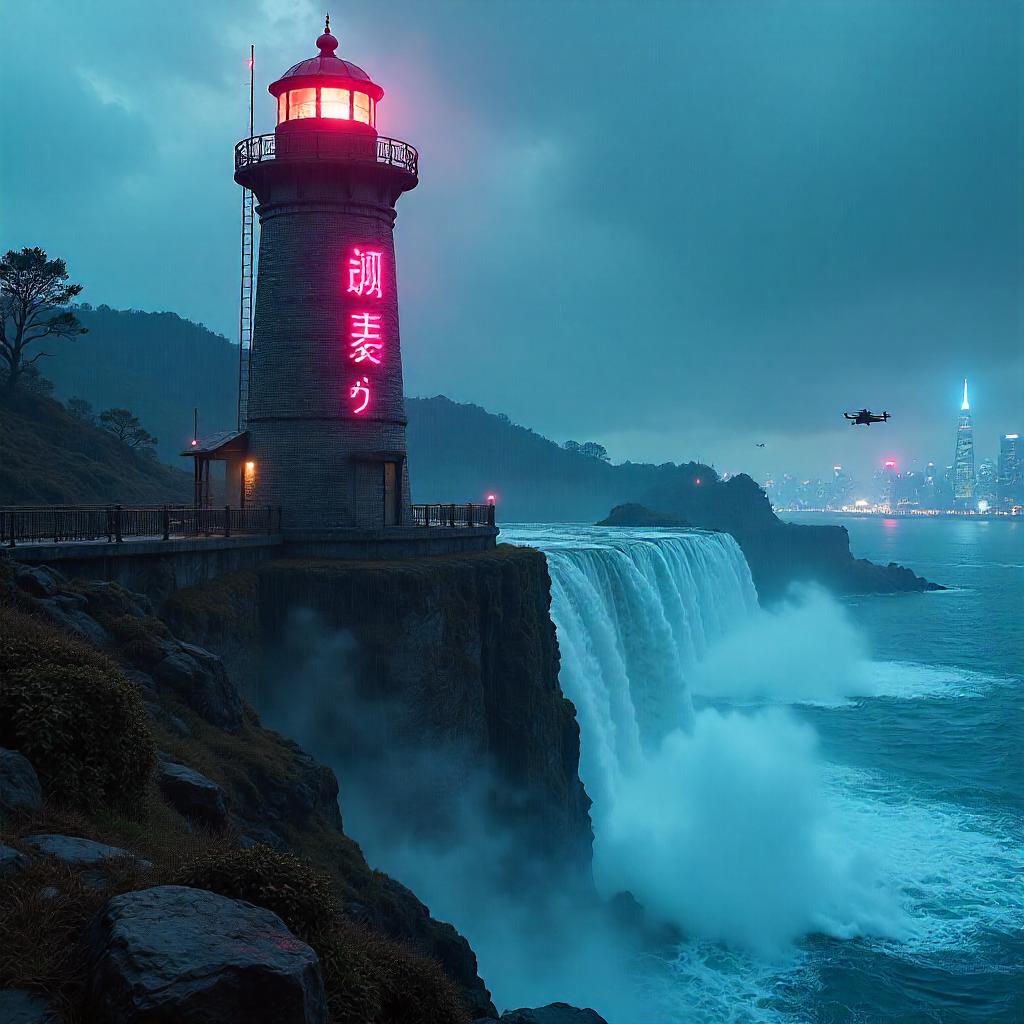 Neon Lighthouse by the Cyberpunk Waterfall