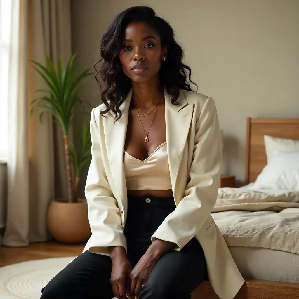 Stylish Black Woman in a Sunlit Bedroom