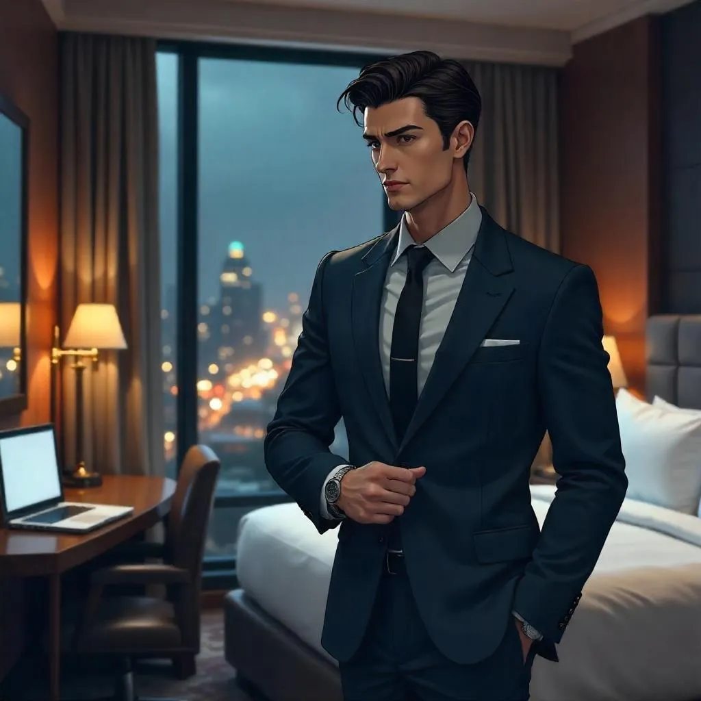 Stylish Caucasian Man in an Anime Hotel Room