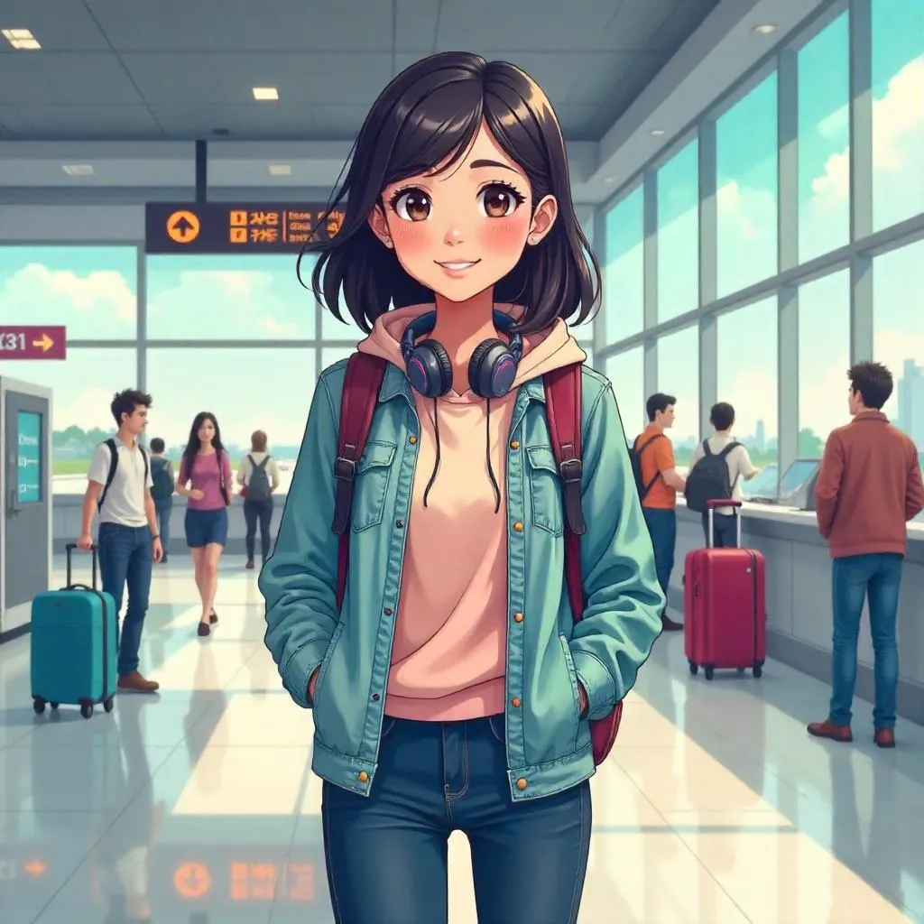 Cheerful Anime Asian Woman at the Airport