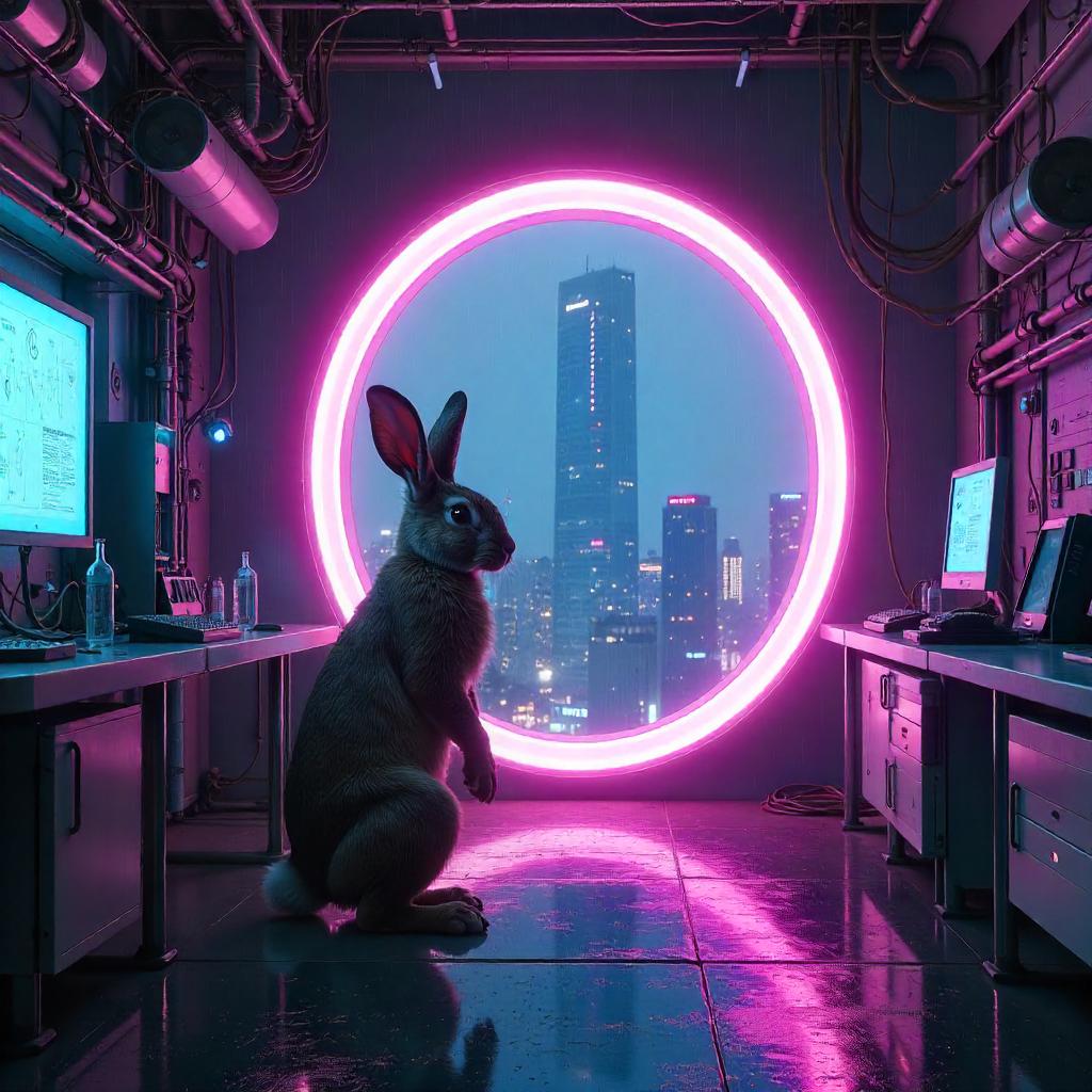 Rabbit in a Neon Portal Lab - Cyberpunk