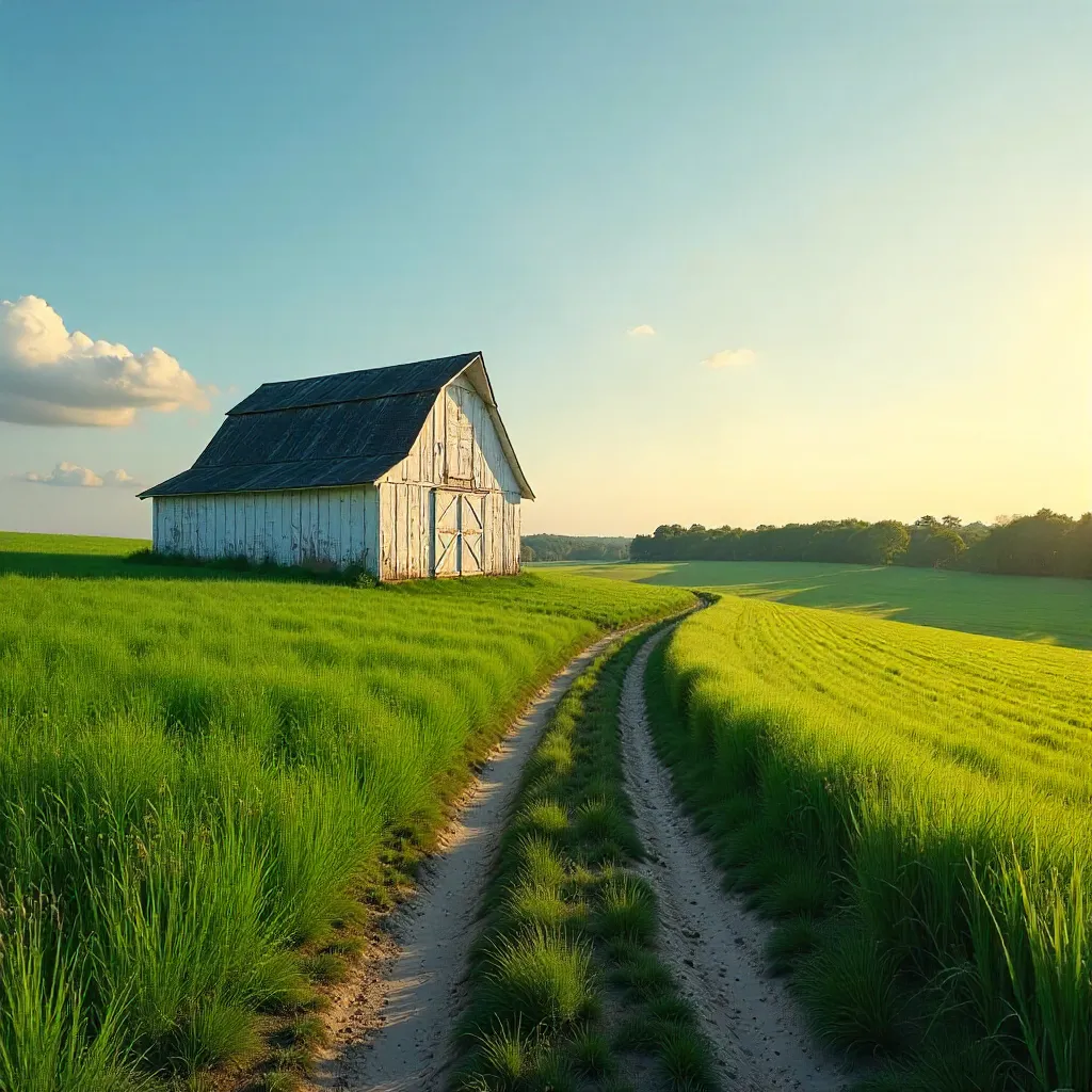 Solitary White Barn in Emerald Fields Under Blue Sky