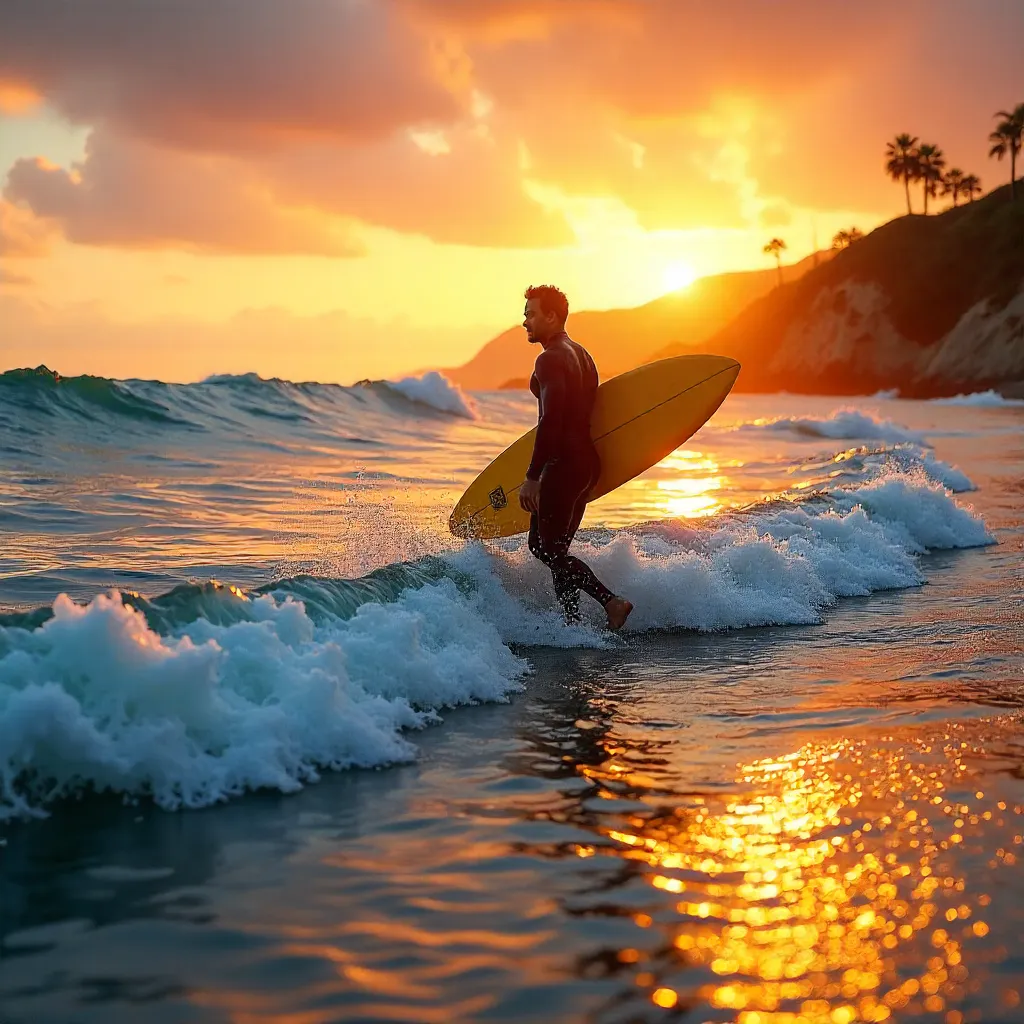 Sunset Surfer with Yellow Board in Santa Barbara