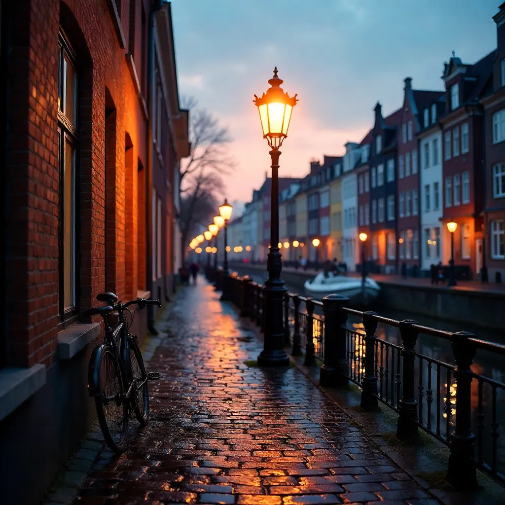 Glowing Vintage Lamp on Copenhagen Street Corner