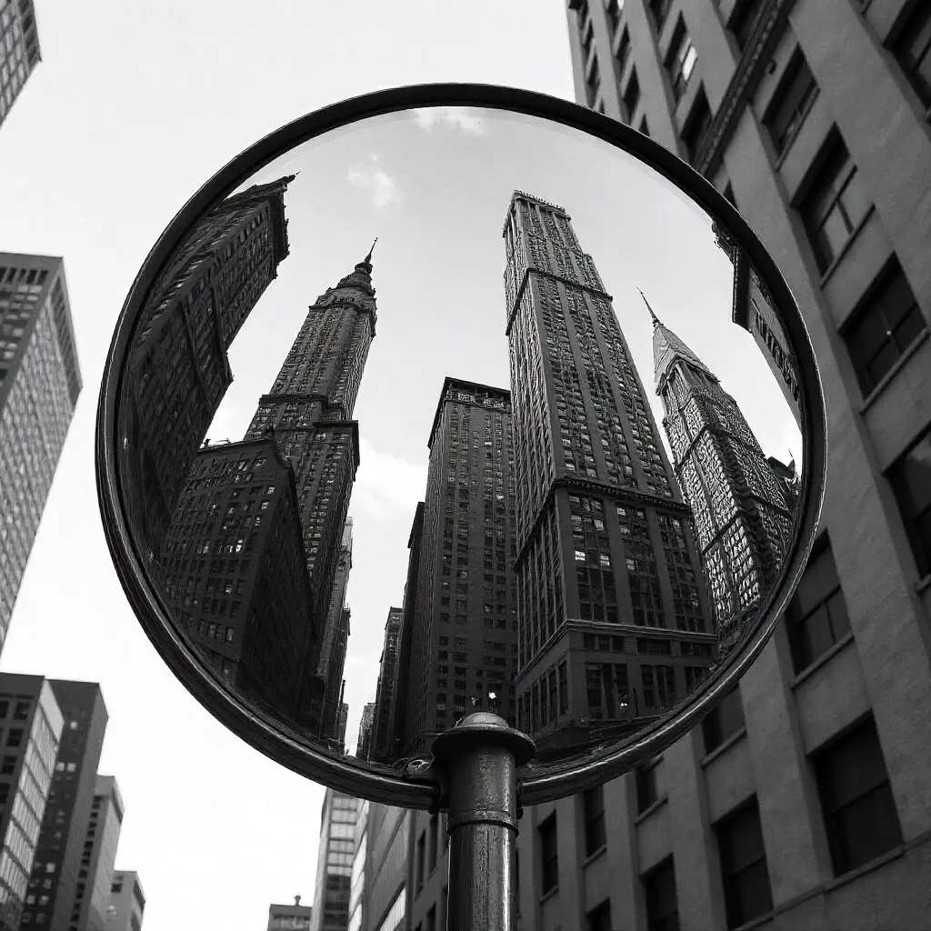 Urban Reflections in a Convex Mirror (B&W)