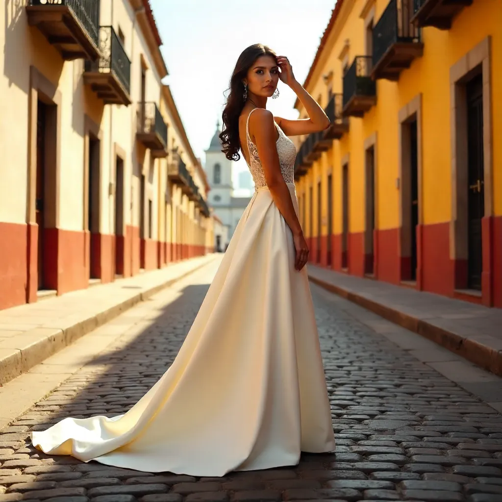 Graceful Puebla Gown in Sunlit Colonial Street