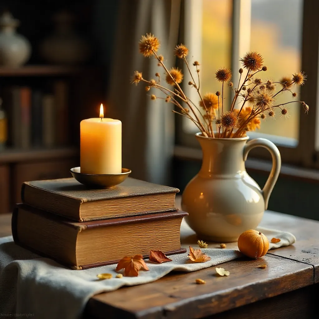 Autumn Candlelit Still Life with Vintage Books