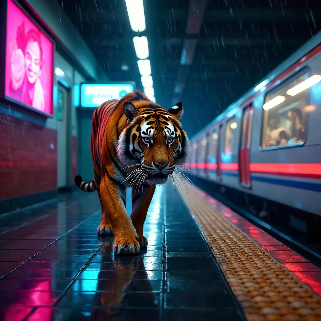 Tiger in Neon Subway: Digital Art Scene