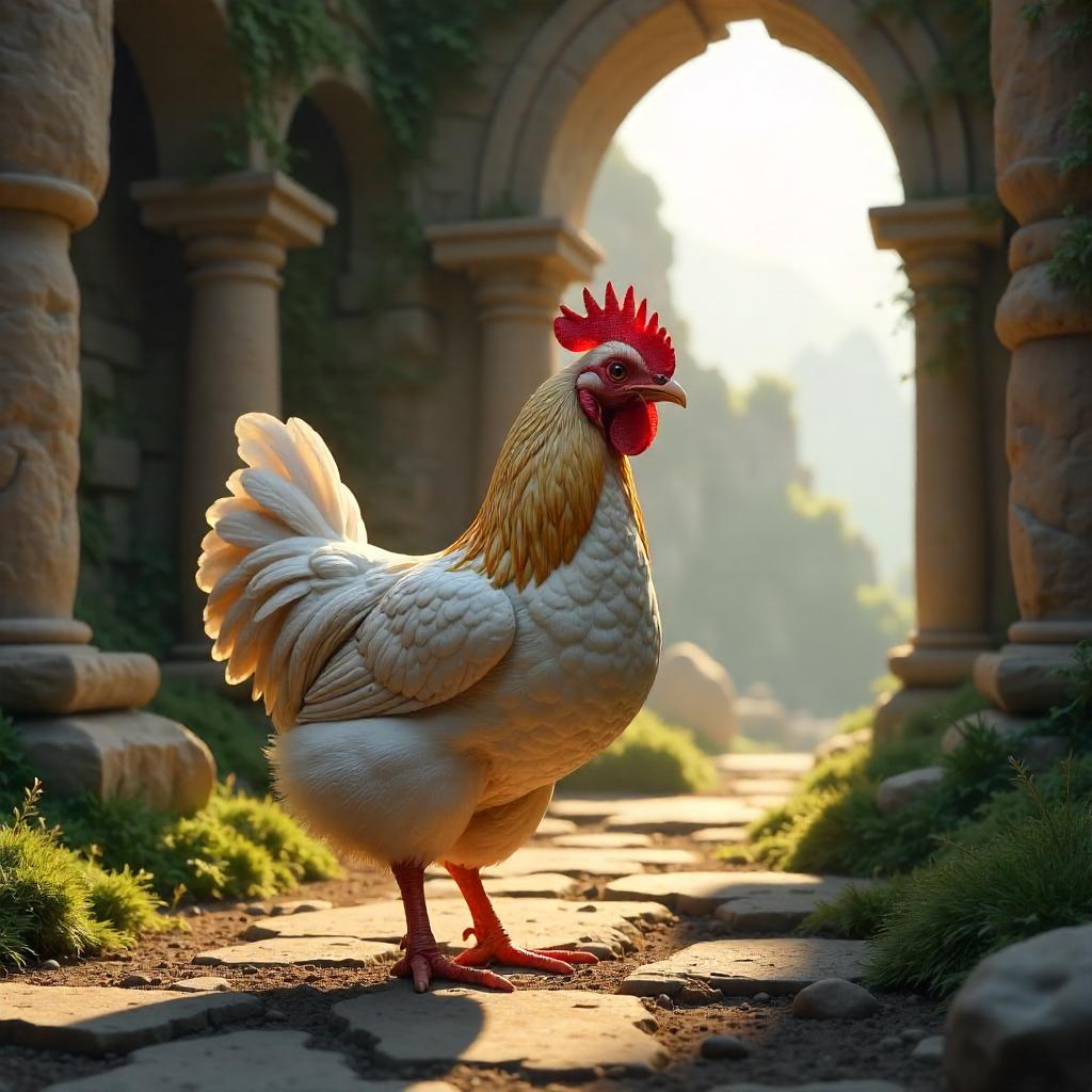 Lone Chicken Amid Ancient Ruins (3D Render)