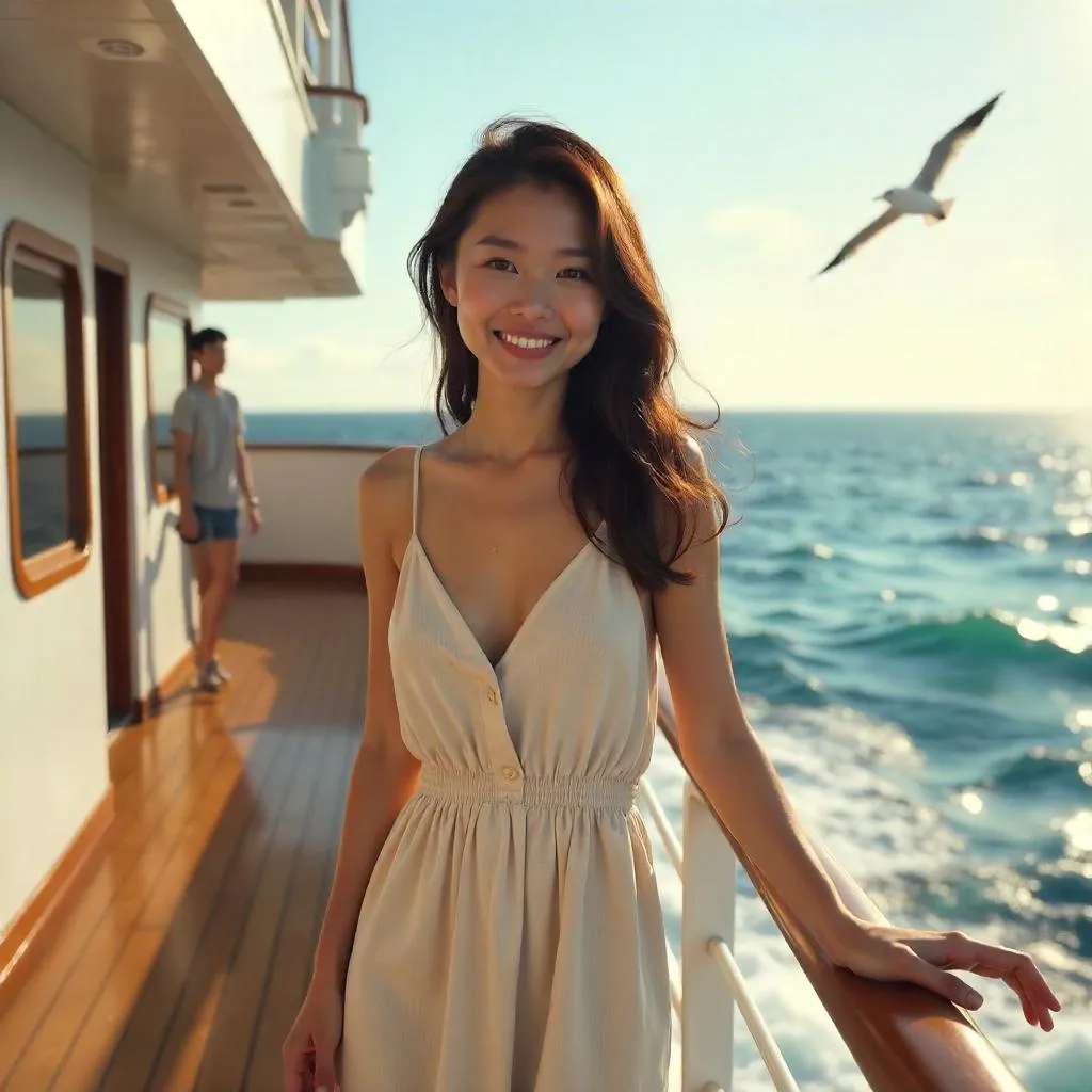 Photorealistic portrait of a young Asian woman on a cruise ship deck
