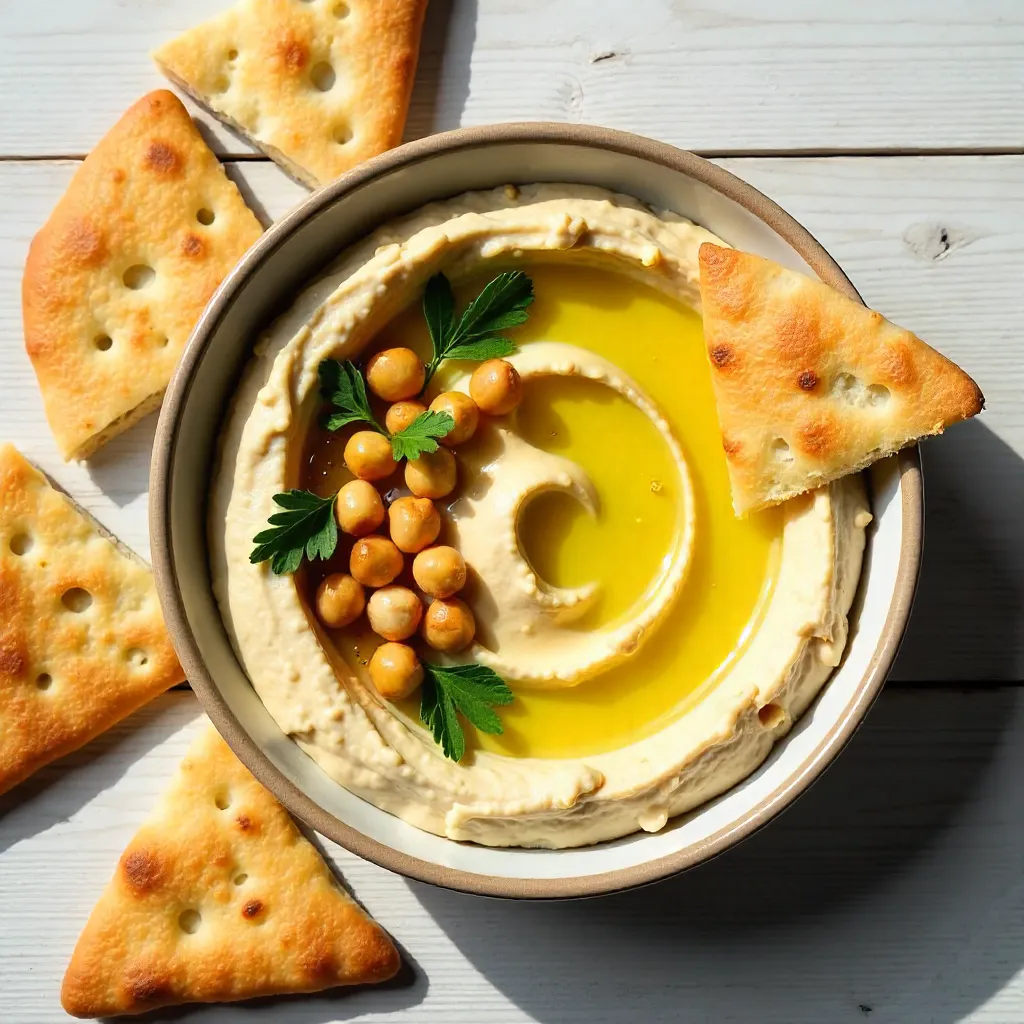 Flat-lay hummus with crispy chickpeas and flatbread