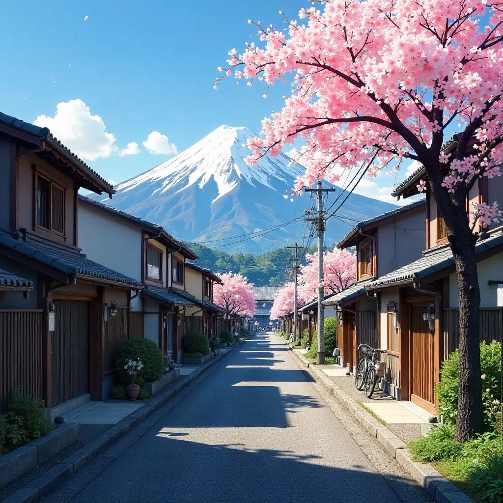Peaceful Fujinomiya Street with Mount Fuji in Background