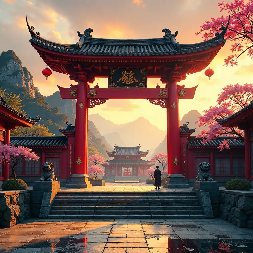 Vivid Asian Temple Gate at Golden Hour