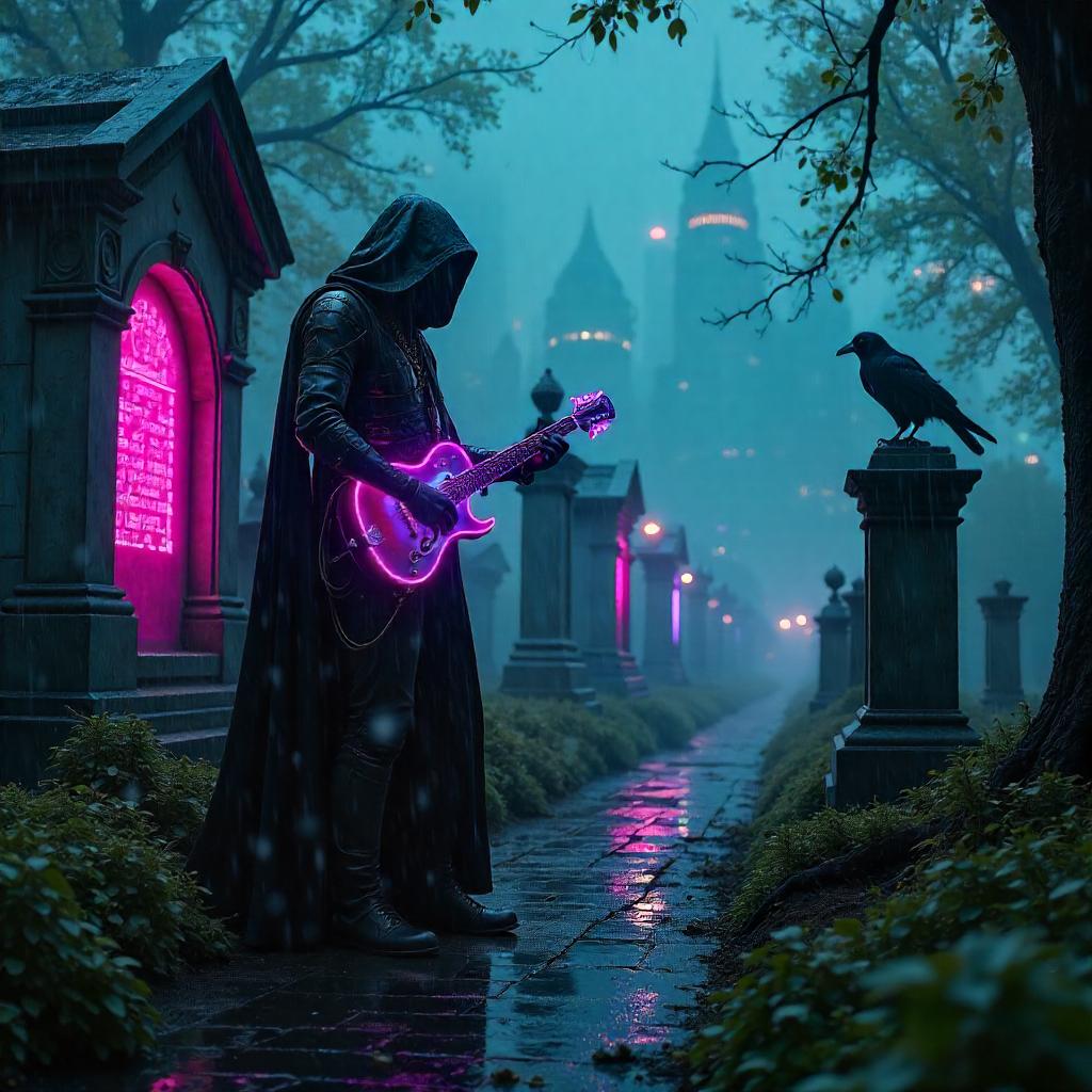 Neon Bard in a Cyberpunk Graveyard