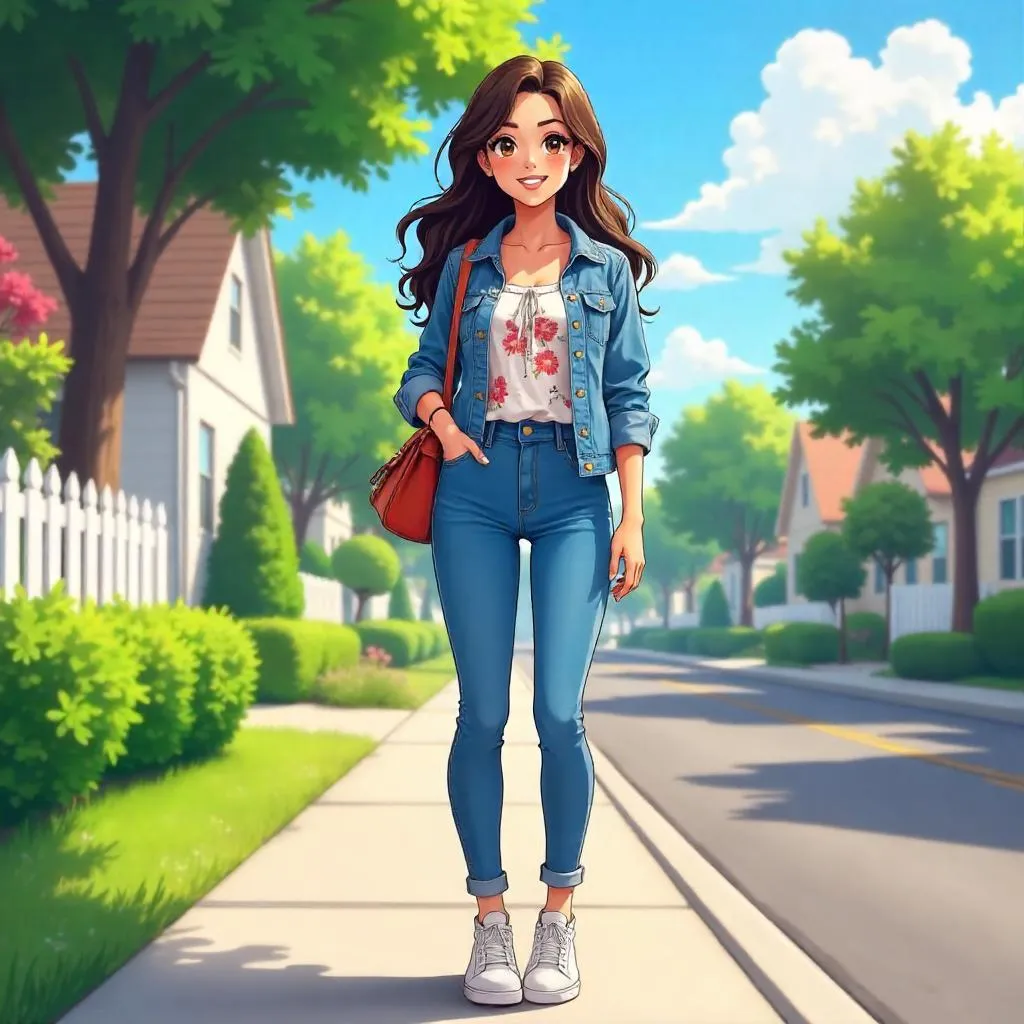 Latina Anime Woman in a Sunny Suburban Street