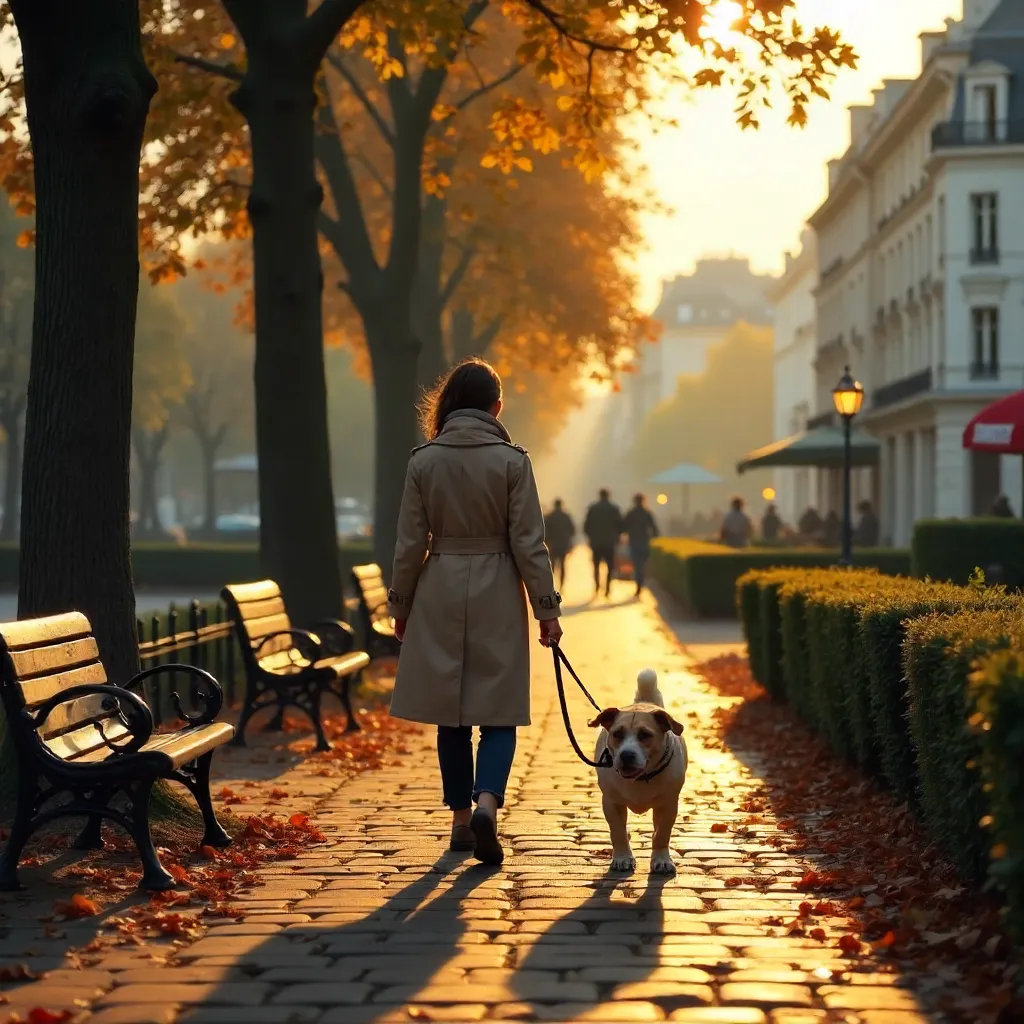 A Person Walking a Dog in a Parisian Urban Park