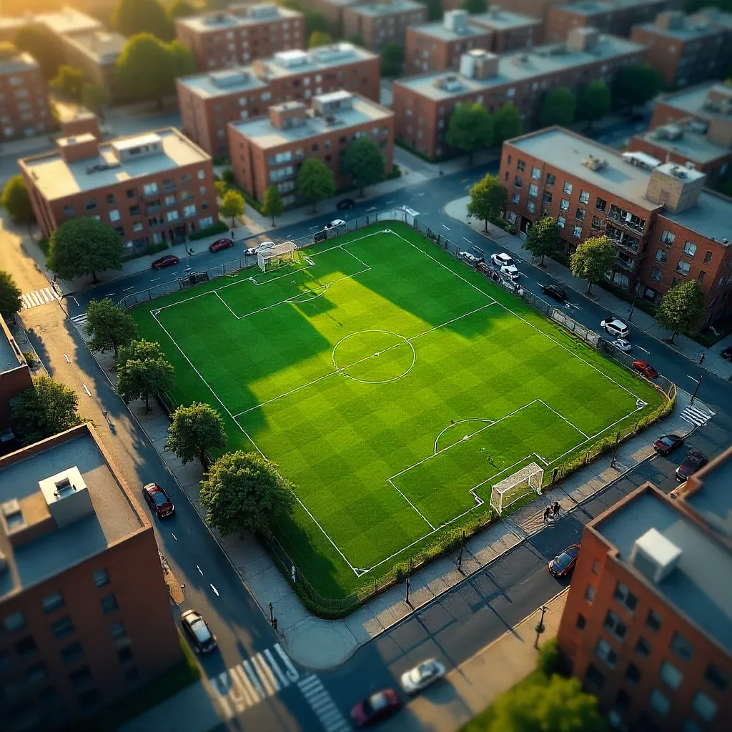 Aerial View: Sports Field Encircled by Urban Streets