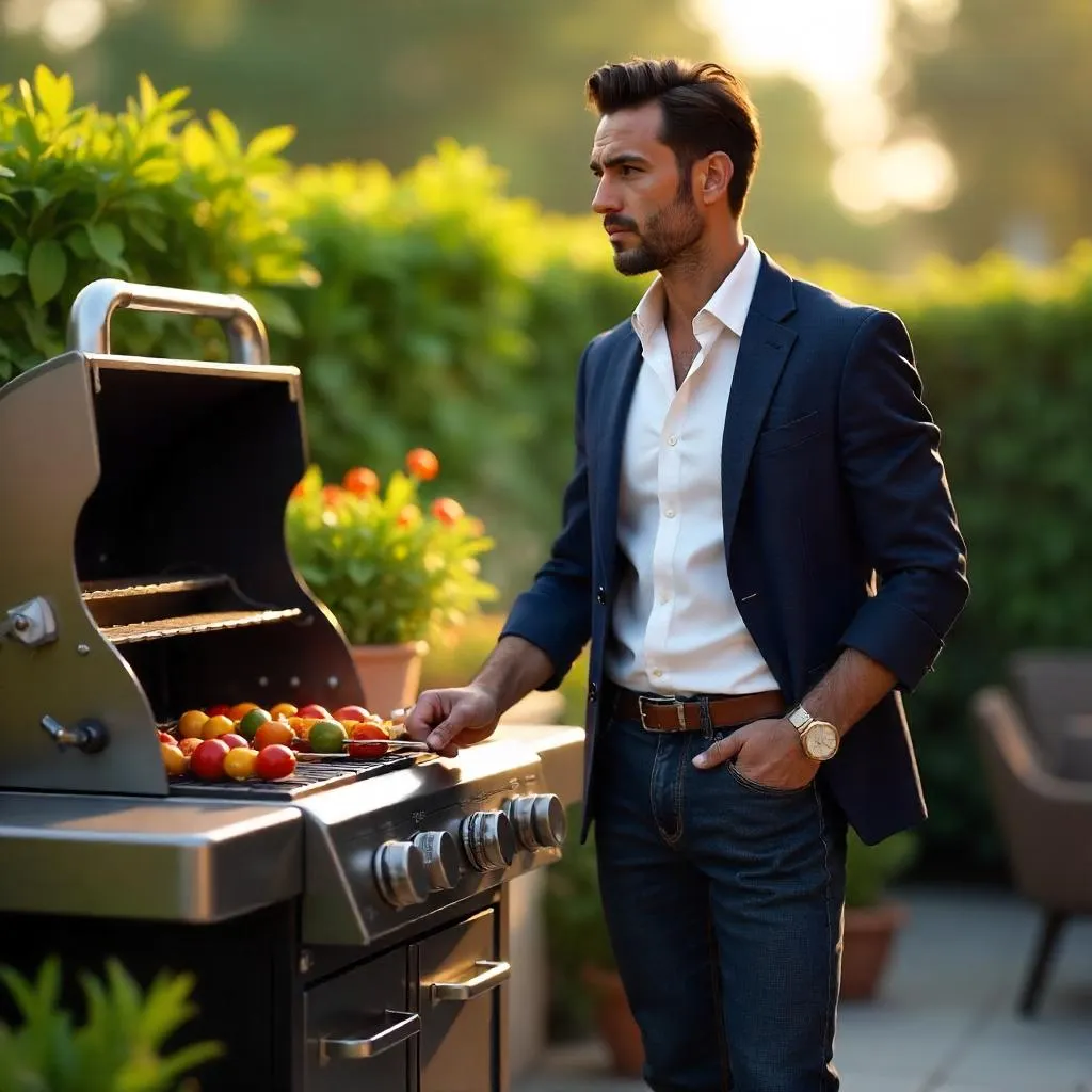 Elegant Latino Man at a Backyard Barbecue - 3D Render