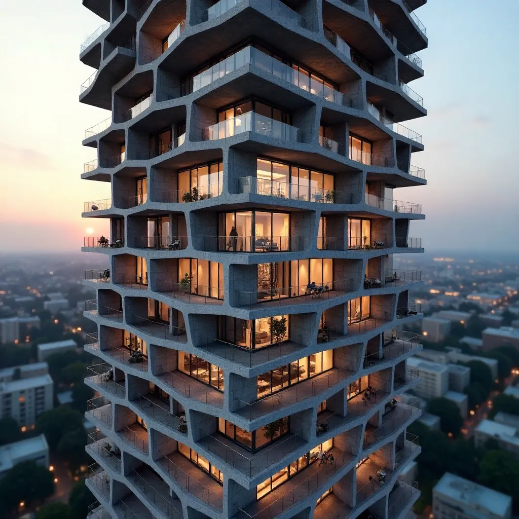 Interlocking Balcony Geometry on a Modern High-Rise Facade