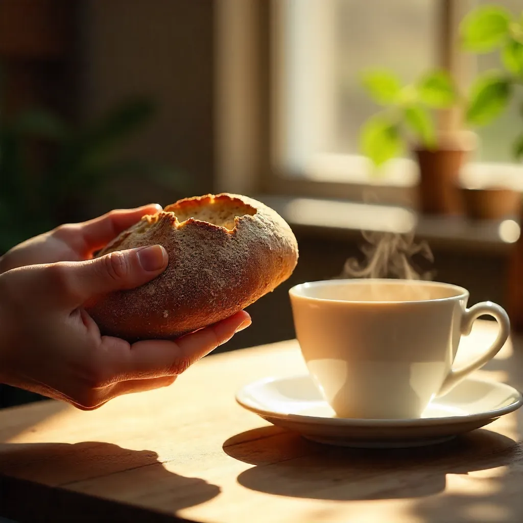 A Hand Holding Artisanal Bread by a Teacup