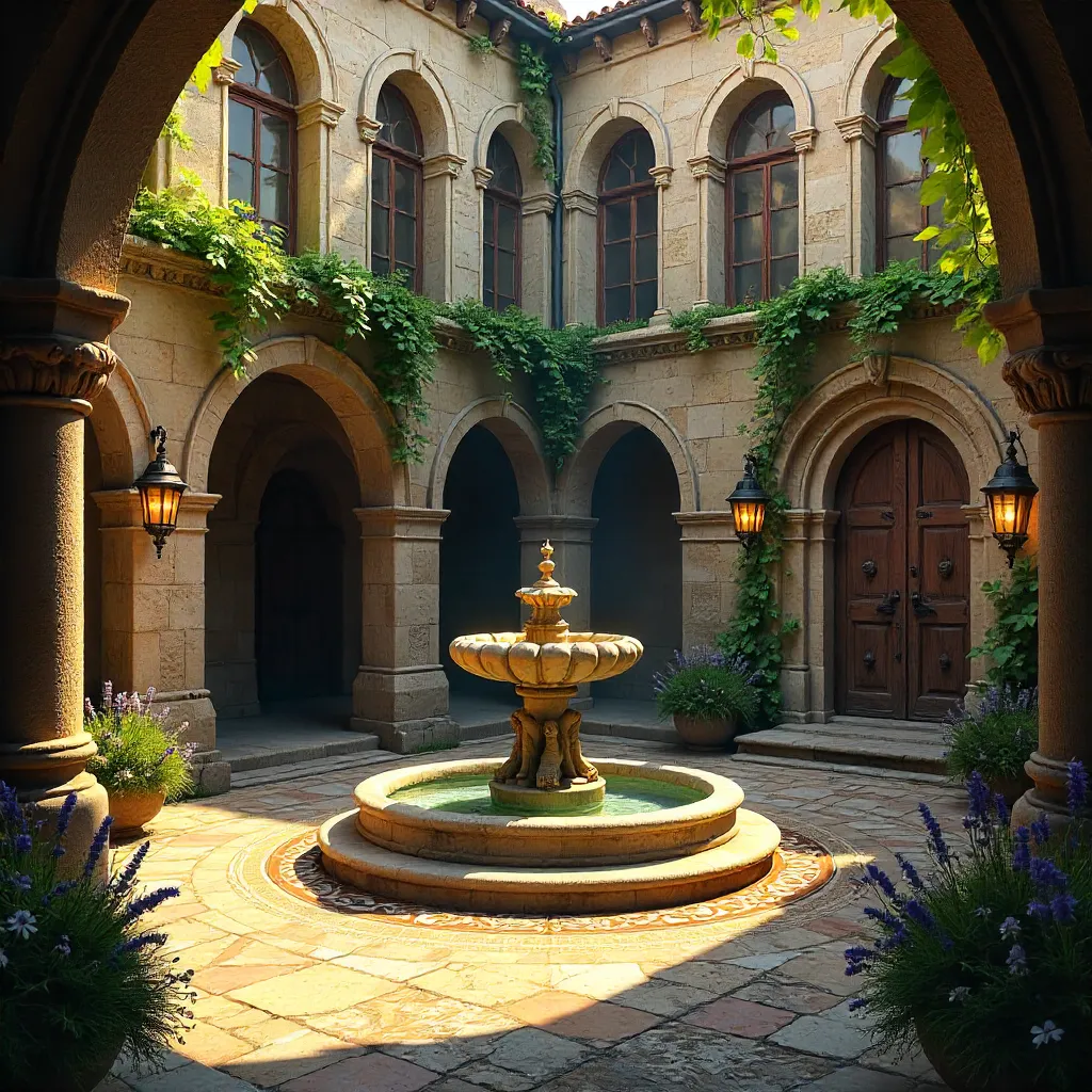 Charming Medieval Castle Courtyard with Unique Art