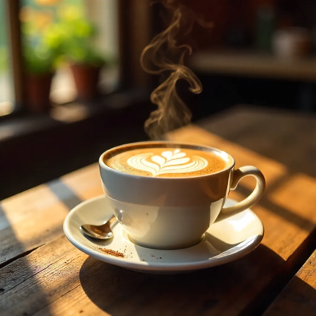 Elegant Cappuccino on Rustic Table with Latte Art