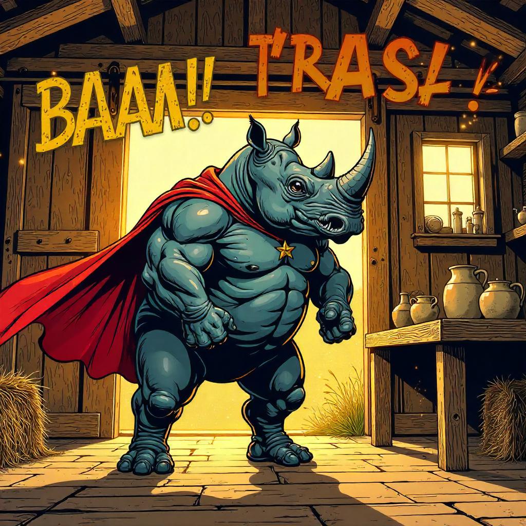 Rhino Rampage: Farmhouse Showdown (Comic Style)