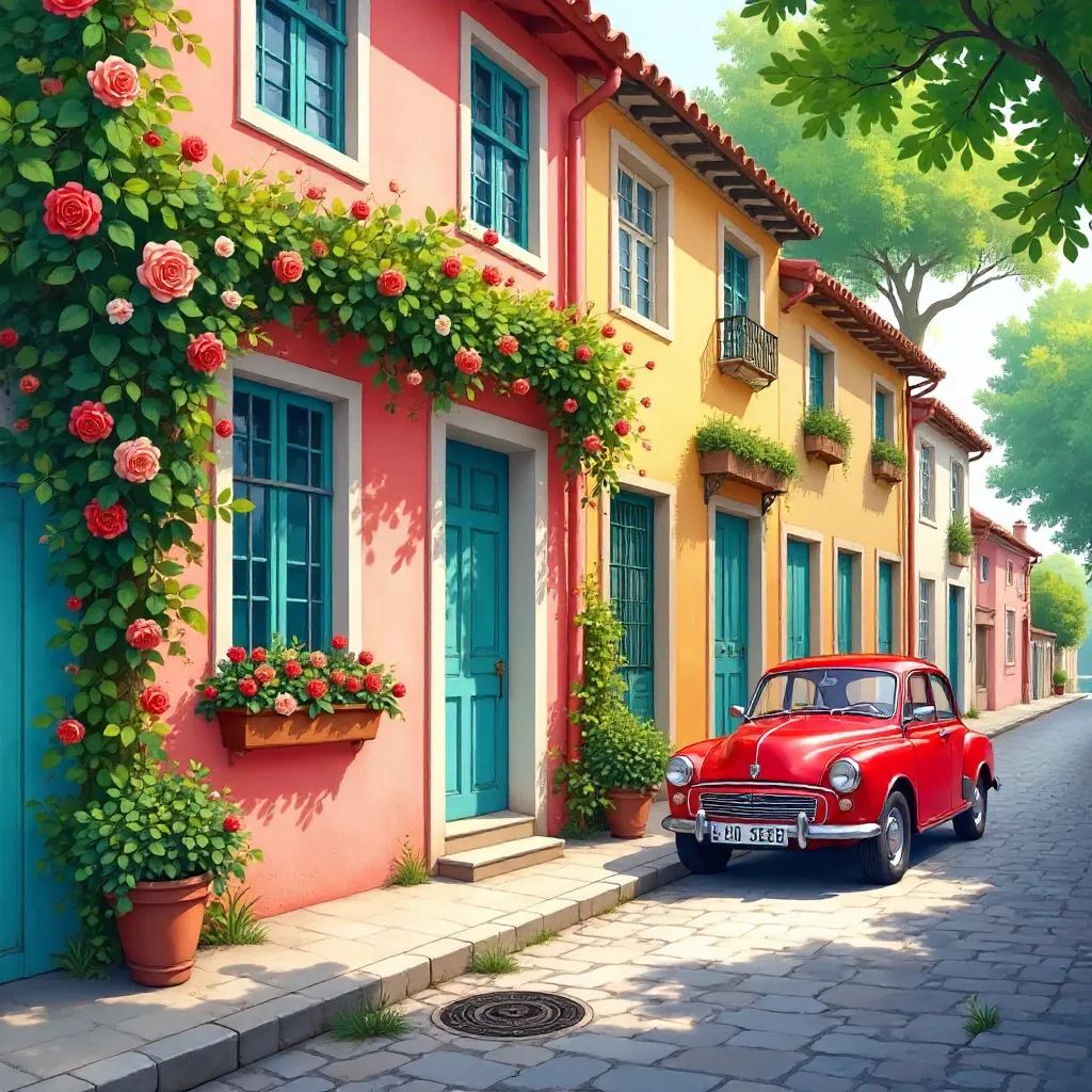Serene Street: Colorful House, Roses, and Red Car