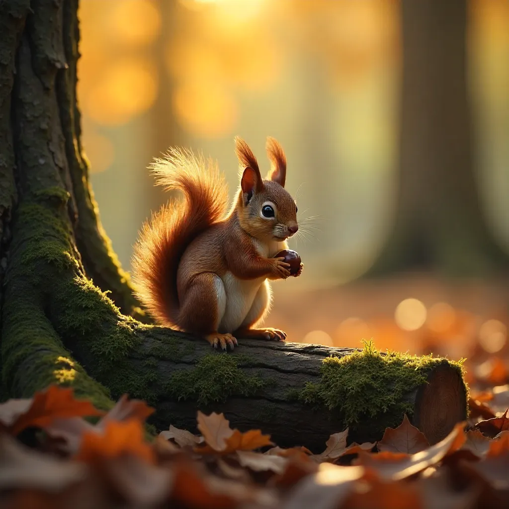 Autumn Forest Squirrel in Warm Golden Light