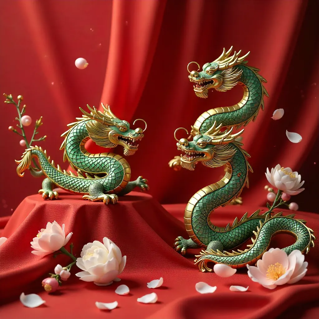 Elegant Chinese Dragon Ornaments on Red Silk