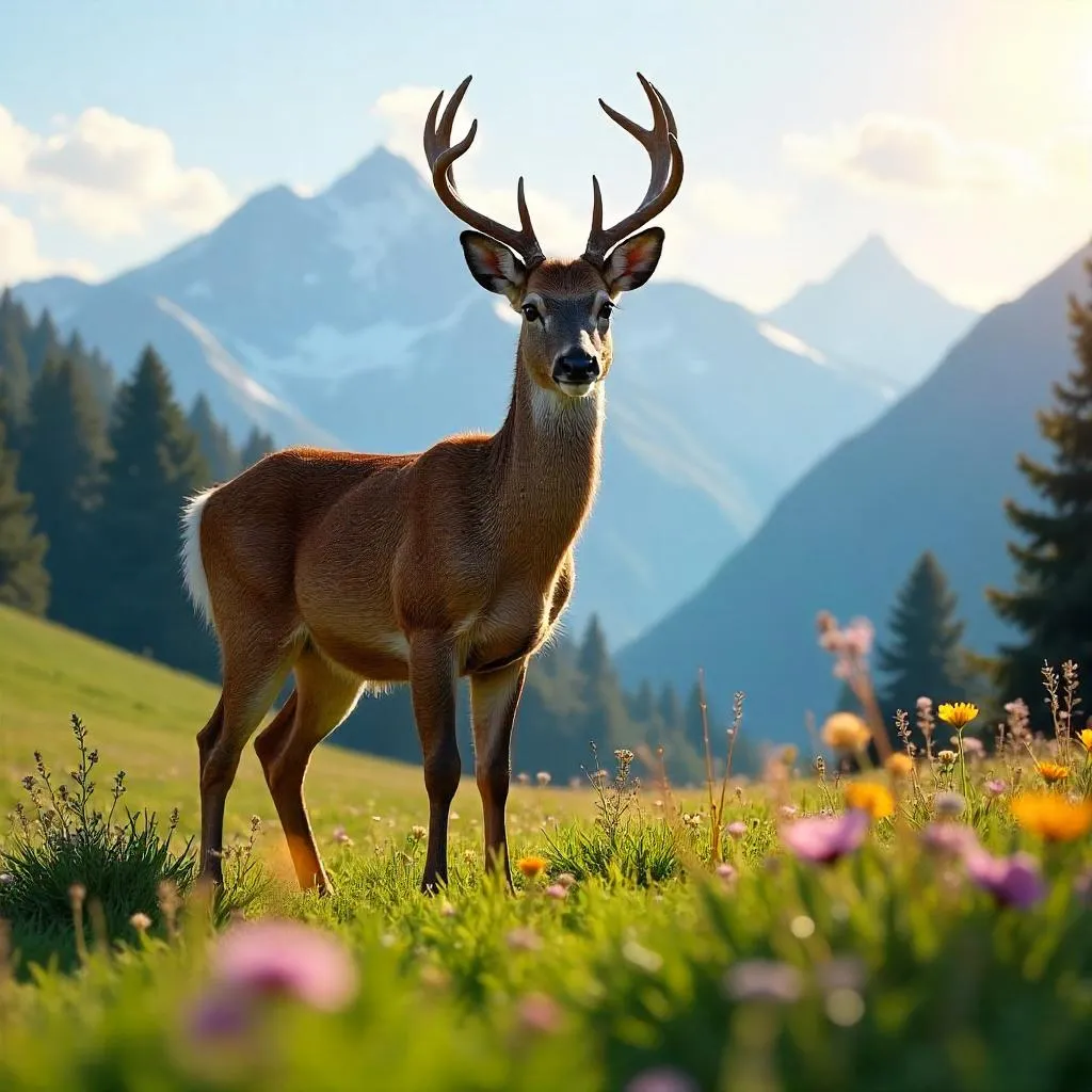 Photorealistic Deer in Alpine Meadow at Golden Hour