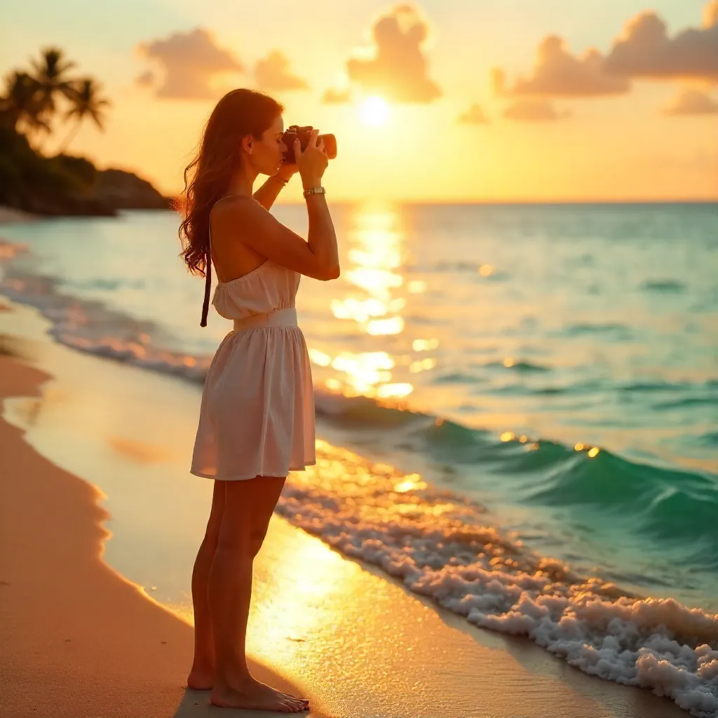 Golden Hour Portrait: Woman with Camera on Sunset Beach