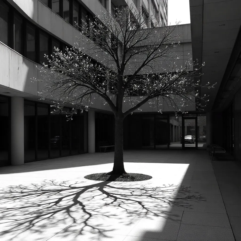 Shadows of a Tree in a Modern City Courtyard (Black & White)