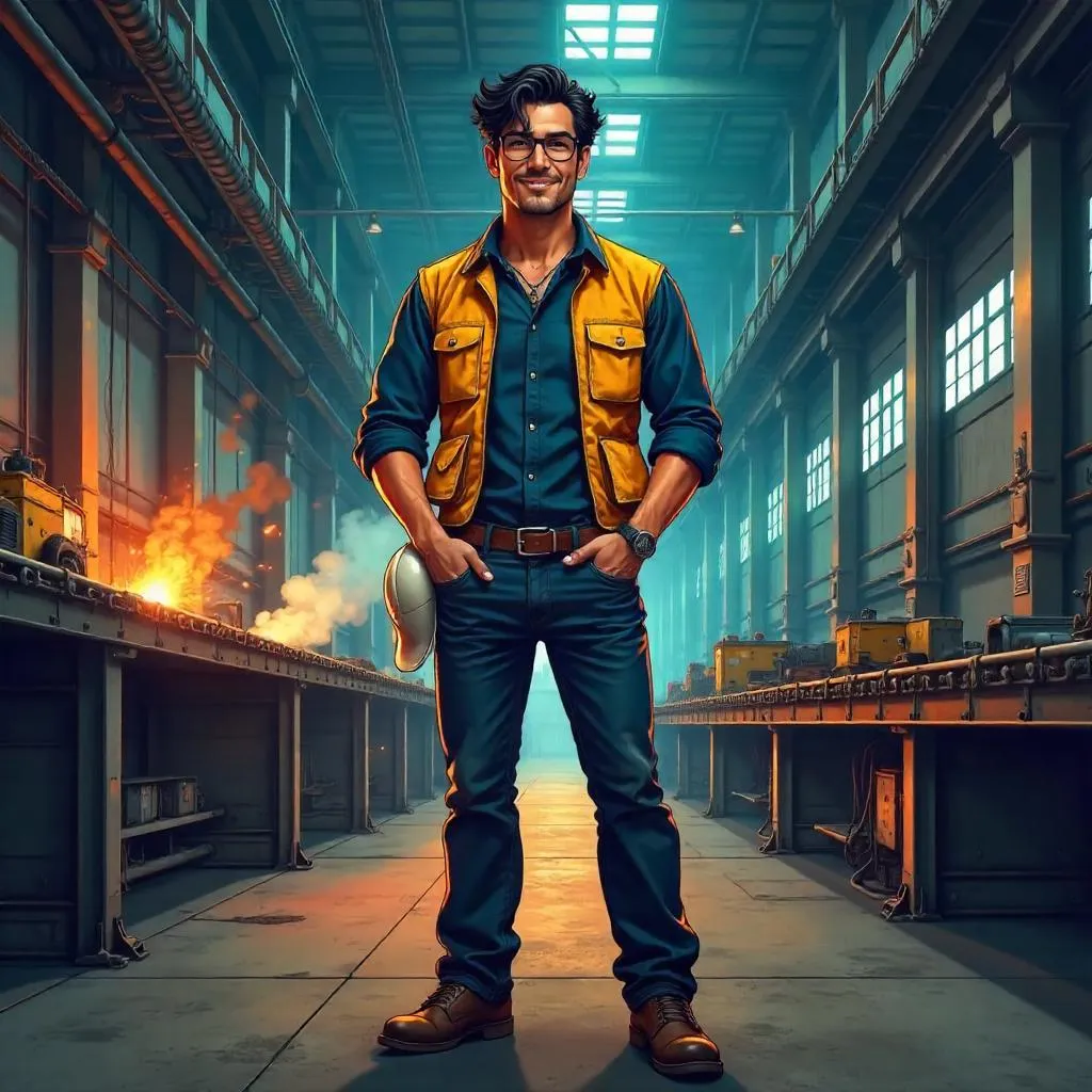 Handsome Latino Man in an Anime Factory