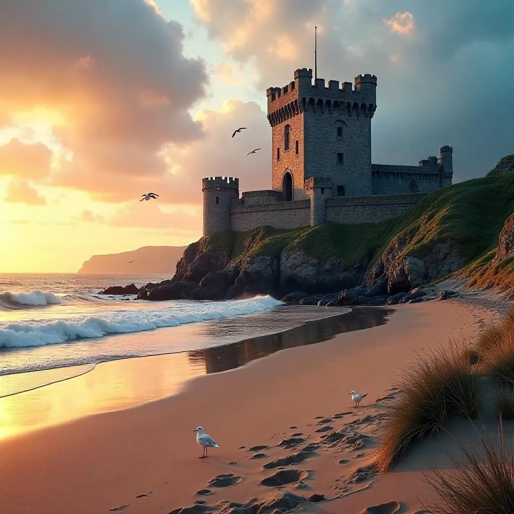 Photoreal Castle Rising on a Sunset Beach