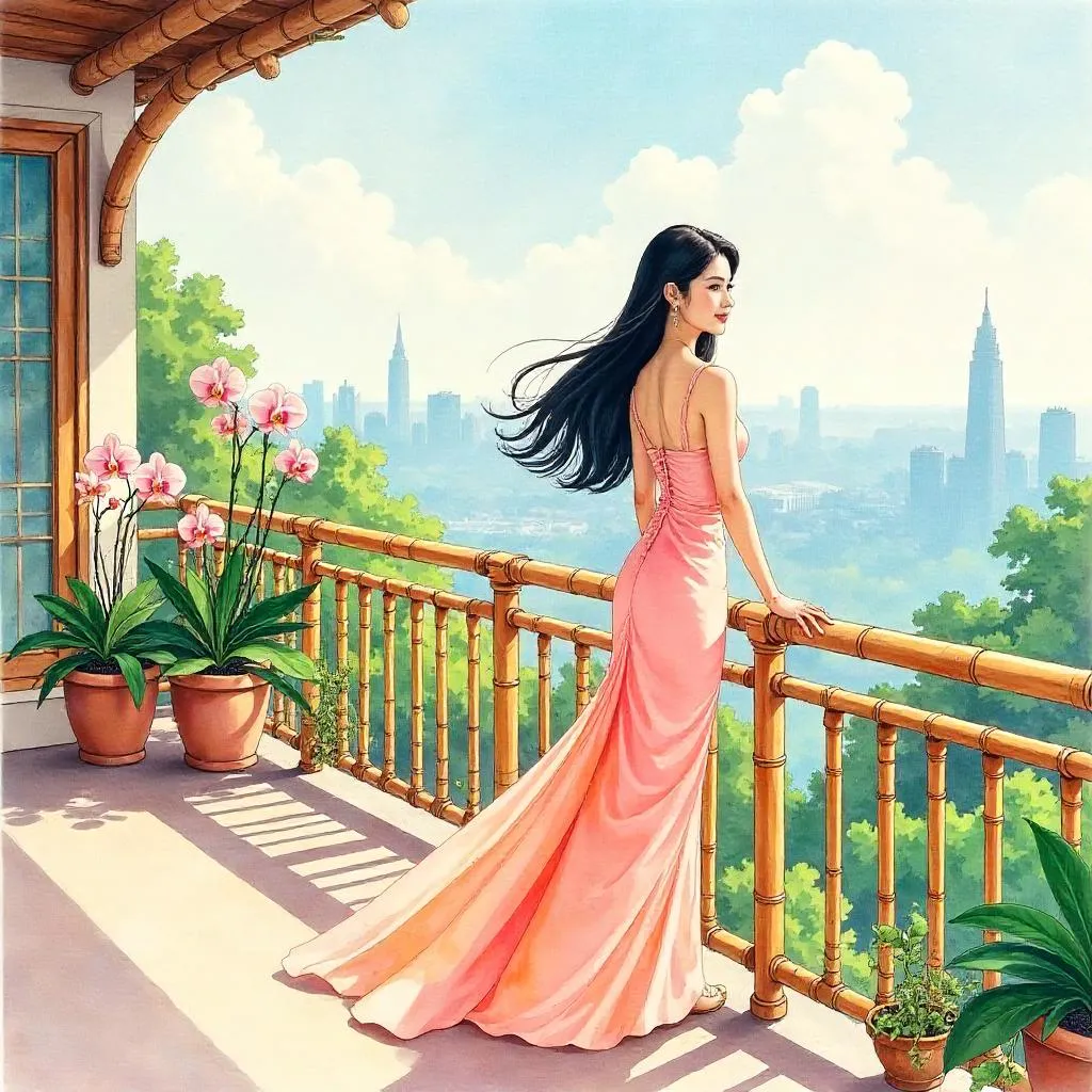 Watercolor Terrace Elegance: Asian Woman
