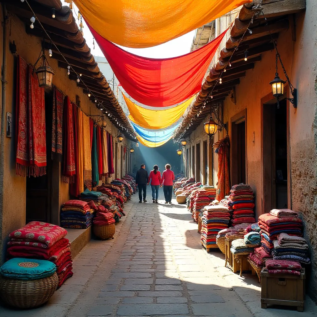 Vibrant Textiles in a Rustic Alley Market