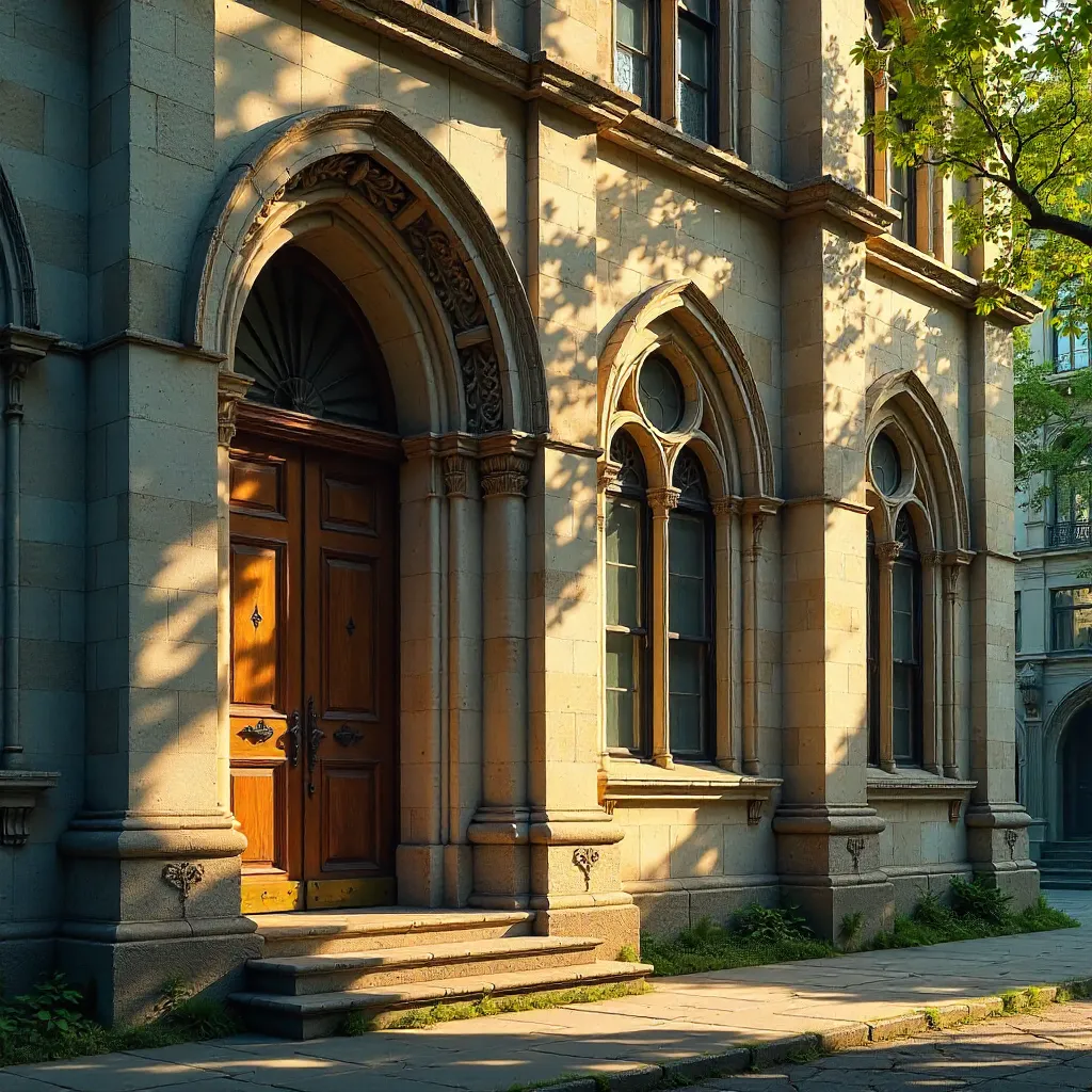 Sunlit Tree Shadows on Historic Facade at Dawn