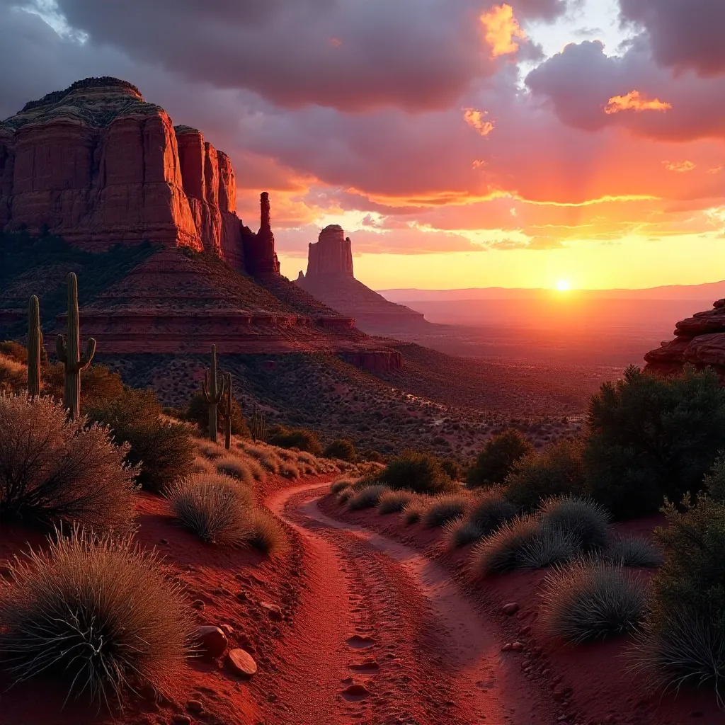 Sedona Sunset: Red Rock Majesty Over Desert Path