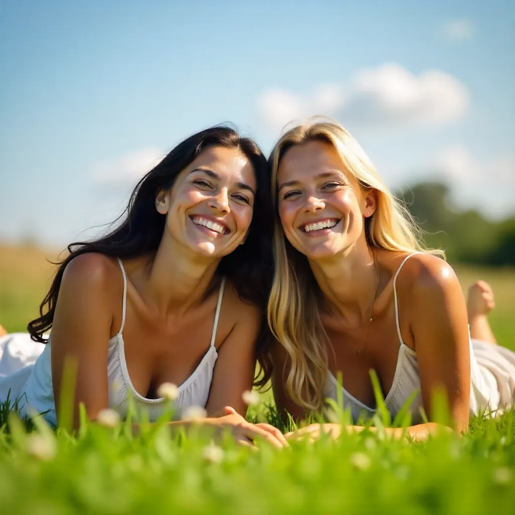 Sunlit Bliss: Two Women Embrace on the Grass