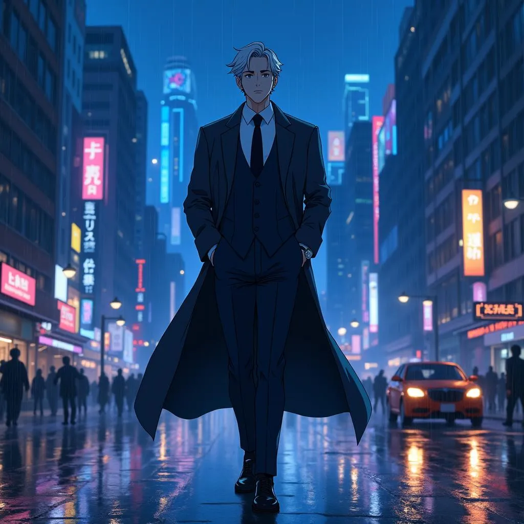 Elegant White Man in Neon Anime Cityscape