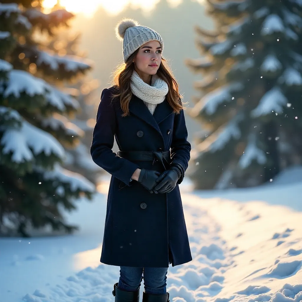 Young Woman in Winter Landscape with Snowy Pines