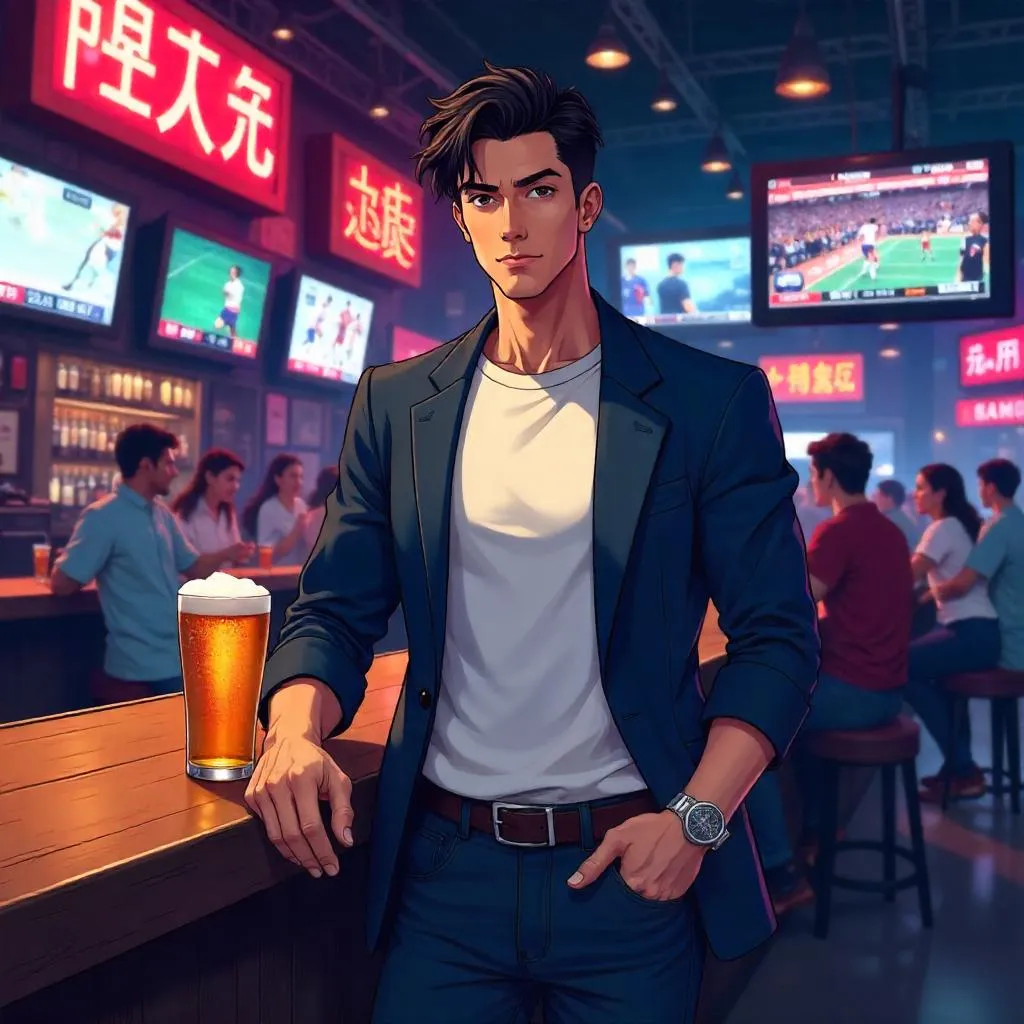 Confident Asian Man in an Anime Sports Bar