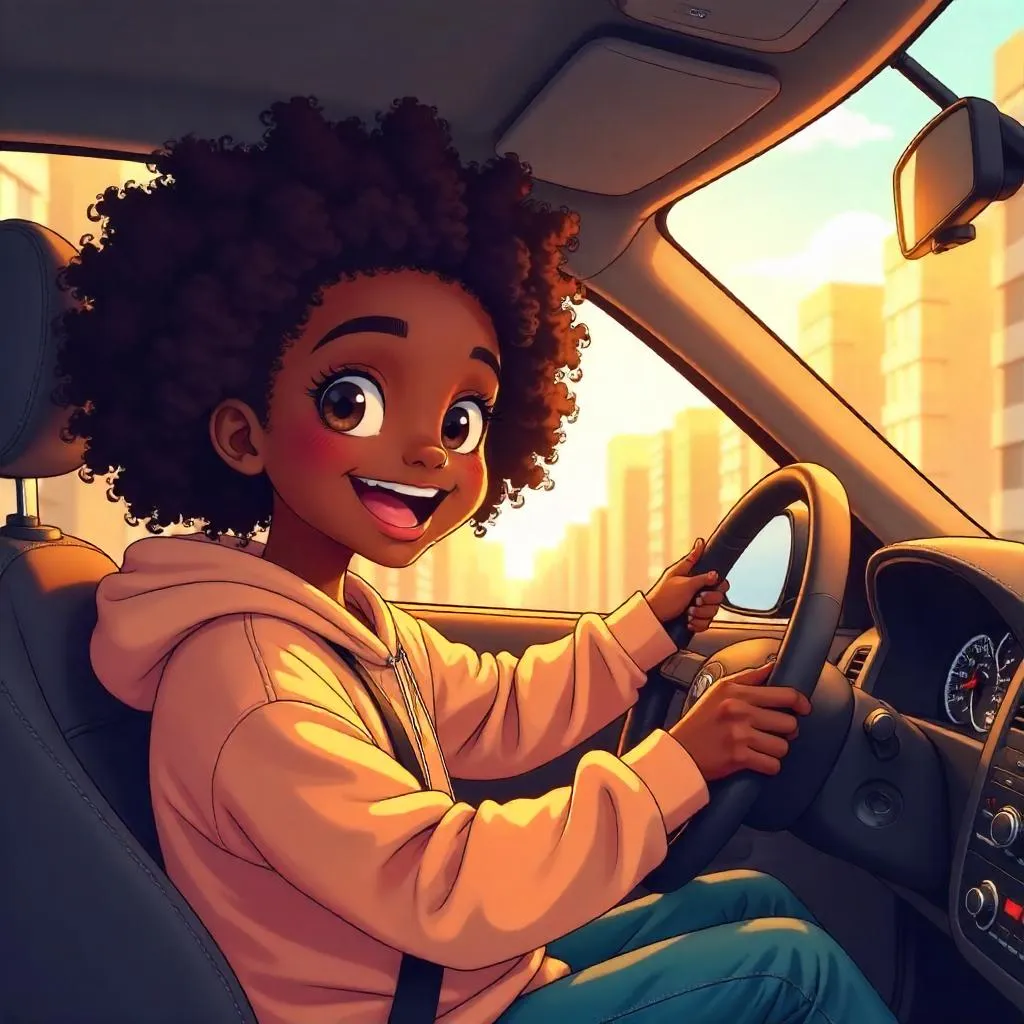 Cheerful Black Girl in a Sunny Anime Car