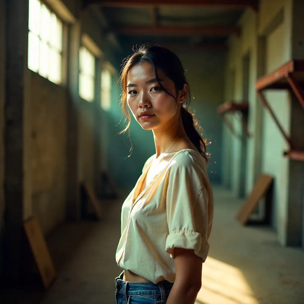 Soft-Lit Portrait of a Woman in a Warehouse
